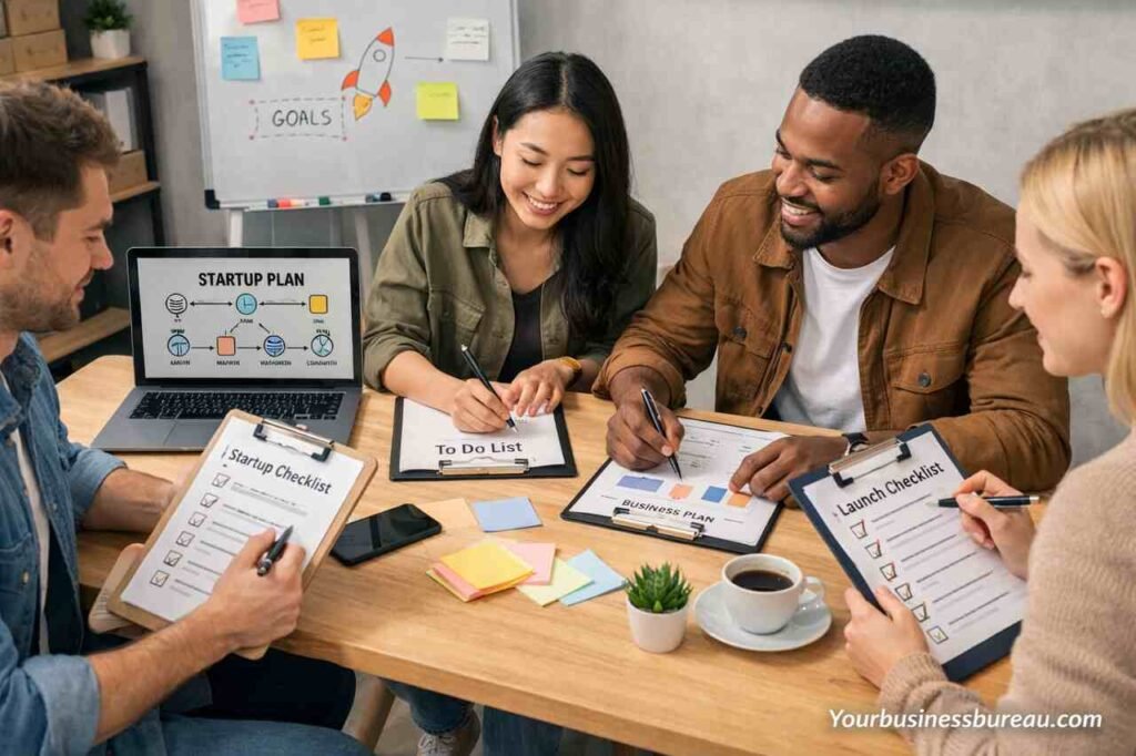 Startup founders reviewing launch checklists and business plans