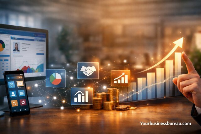 CRM dashboard with revenue growth chart and business analytics icons.