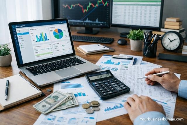 Accounting software dashboard with financial reports and calculator on office desk.