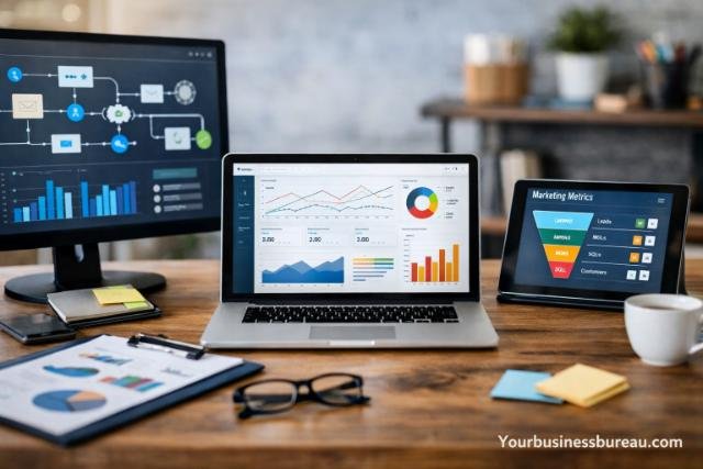 Marketing automation and analytics dashboard displaying growth metrics