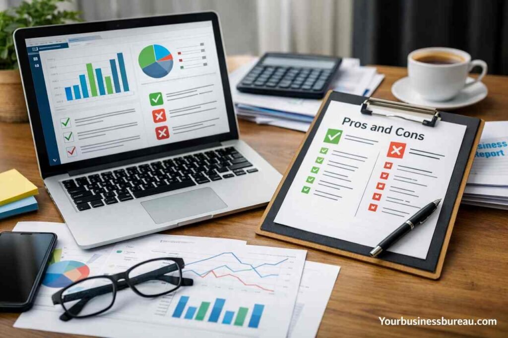 Business Software Reviews Explained Transparently With Pros and Cons Business software reviews dashboard with pros and cons checklist