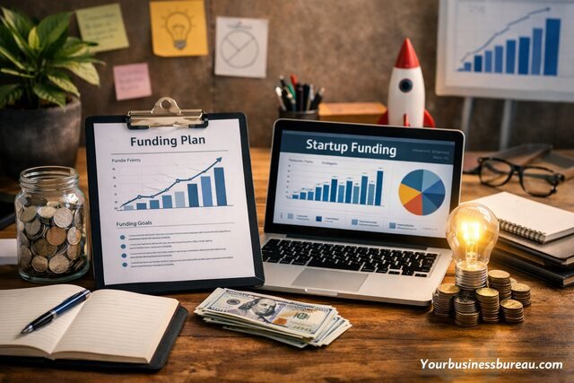 Startup funding preparation workspace with financial charts and investment planning tools