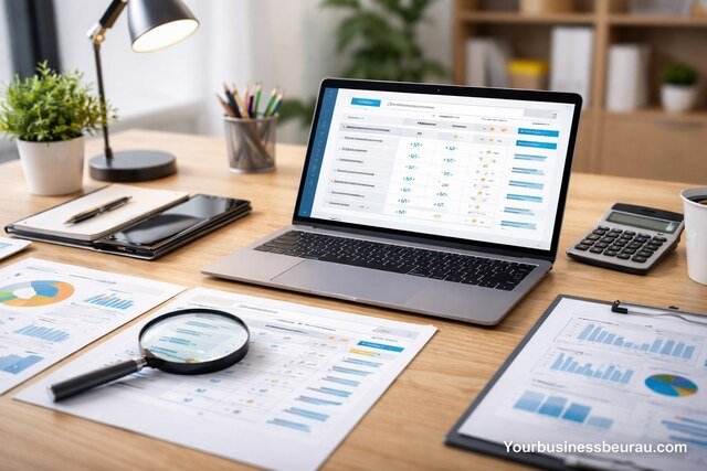 Business tool comparison chart on laptop with reports and magnifying glass
