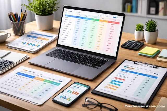 Structured software comparison matrix on laptop with pricing and feature charts
