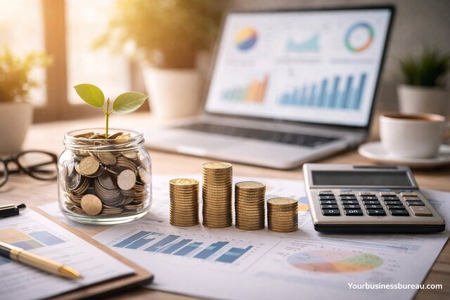 Cost optimization strategy with coins, calculator, and growth plant
