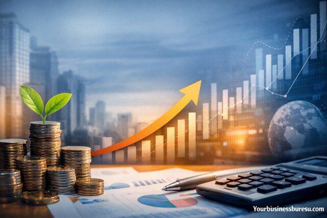 Financial planning concept with growth chart and stacked coins