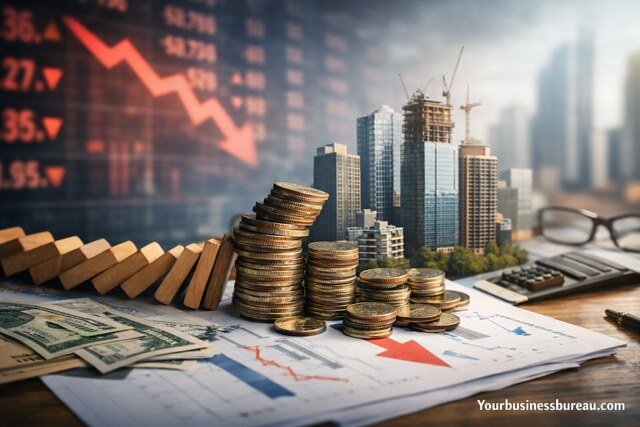 Financial risks of overexpansion shown with coins, dominoes, and falling market chart