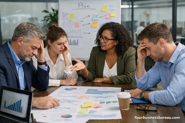 Stressed business team reviewing flawed planning documents in meeting.