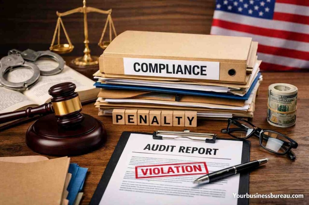 Common Compliance Errors That Lead to Legal Penalties in the US: How to Recognize and Prevent Risk Legal compliance items and violation report symbolizing US penalties.