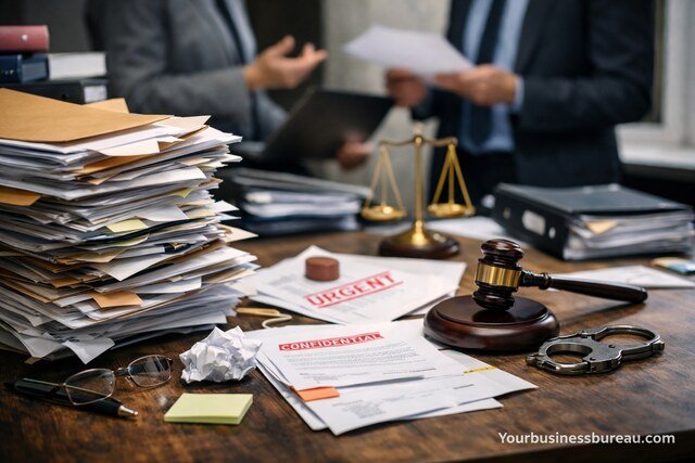 Chaotic desk with documents, gavel, and handcuffs showing legal risk from poor recordkeeping.