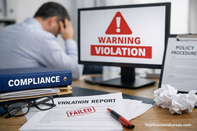 Compliance violation report and warning sign on office desk.
