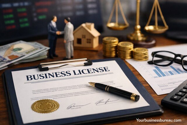 Business license on desk with investor figures and financial items.