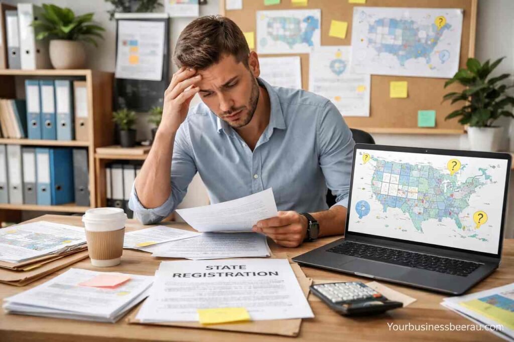 Frustrated entrepreneur reviewing state registration documents at desk