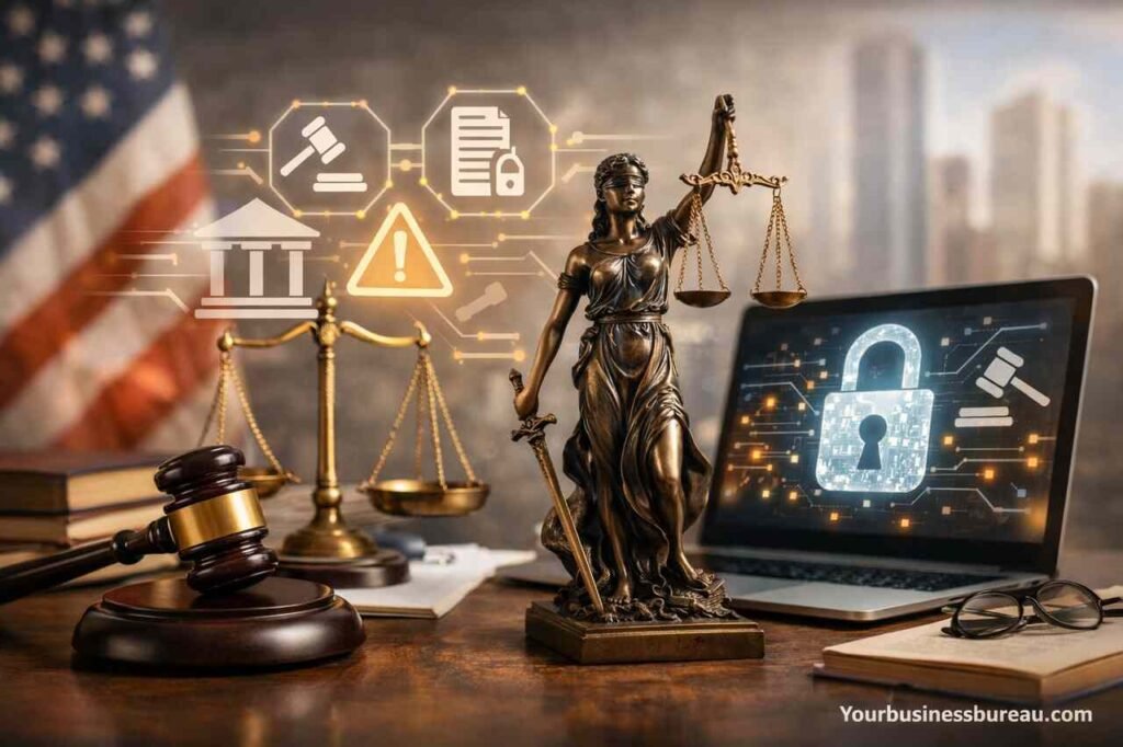 Legal symbols and laptop representing online business risks in the US.