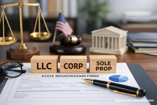 Business structure blocks on a state registration form with legal tools.