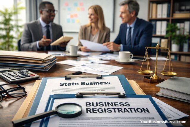 Professionals discussing business registration documents in an office.