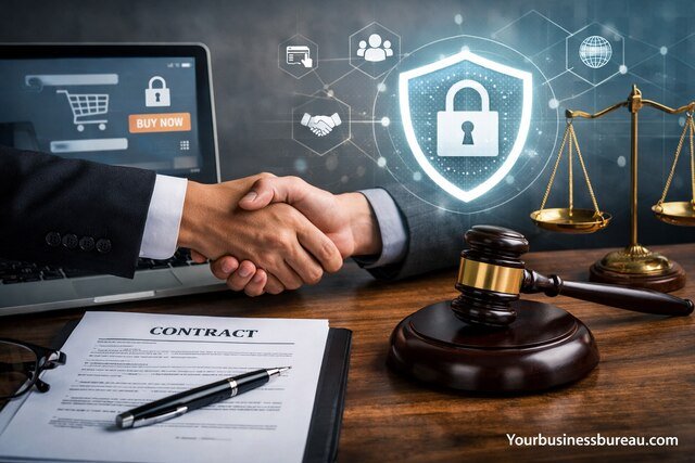 Contract handshake with digital law symbols for online business.