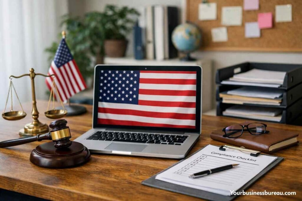 Navigating Home-Based Business Compliance Issues in the United States Home office with U.S. flag laptop, gavel, and compliance checklist