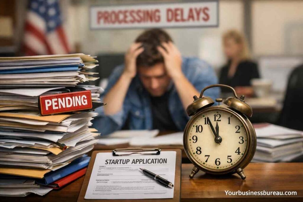 Delays in Business Registration That Hurt US Startups: How Bureaucratic Bottlenecks Break Momentum Startup founder overwhelmed by registration delays and paperwork