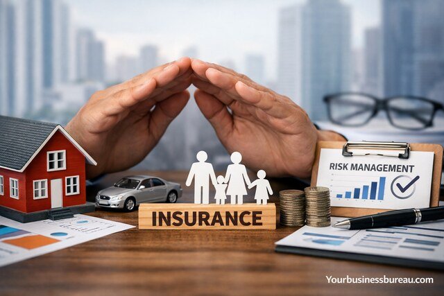 Insurance protection concept with home, car, family, and risk management documents.