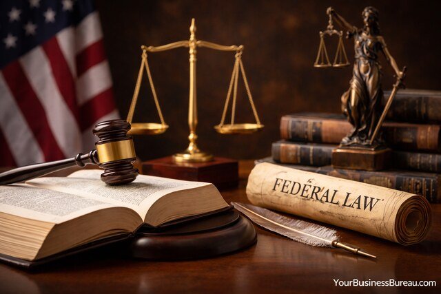 Symbols of federal law including a gavel, Lady Justice, and U.S. flag.