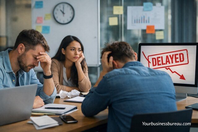Frustrated startup team facing project delays and low morale