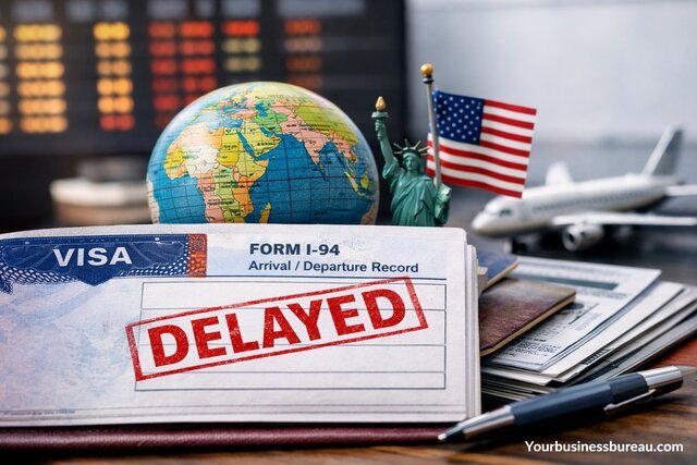 Visa document with “DELAYED” stamp beside a globe and U.S. flag.