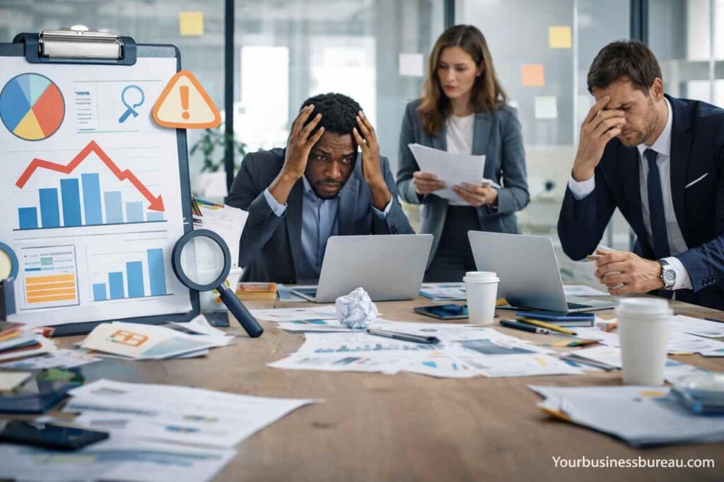 Business team stressed in office over poor planning and research issues.