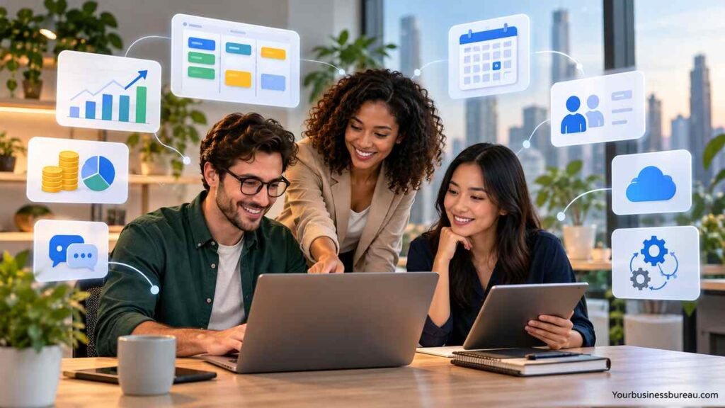 Entrepreneurs using essential business tools for productivity, finance, project management, and business growth.