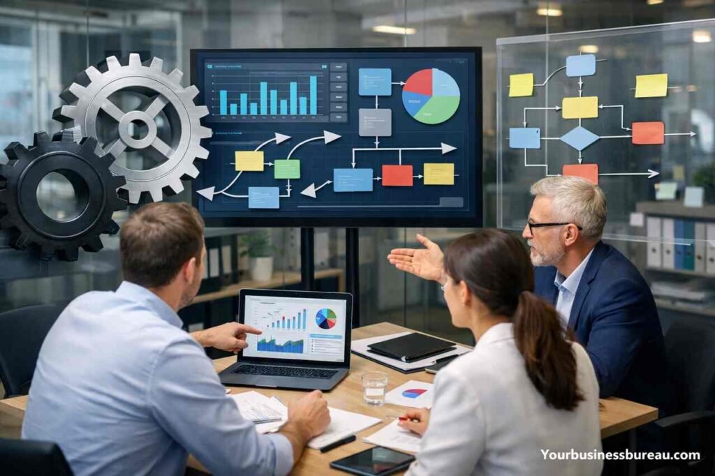 Business Process Optimization: Methods, Tools, and Strategies for Operational Excellence Business team analyzing workflow and analytics for business process optimization