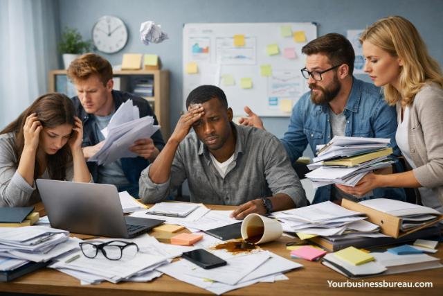 Startup team struggling with messy documents and poor documentation in the office.