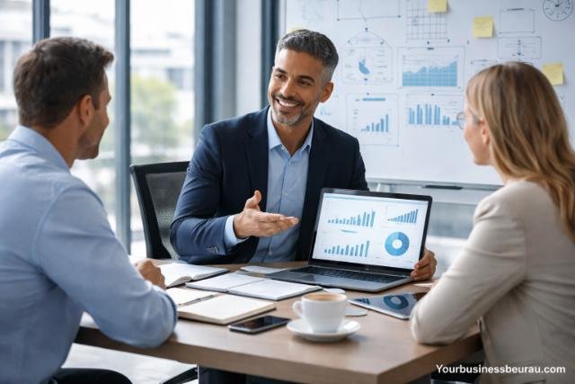 PedroVazPaulo business consultant discussing company strategy with clients in a modern office meeting.