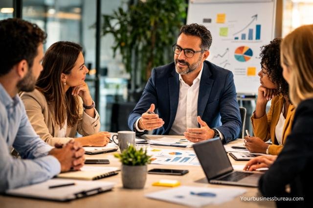 PedroVazPaulo business consultant leading a leadership strategy meeting with managers