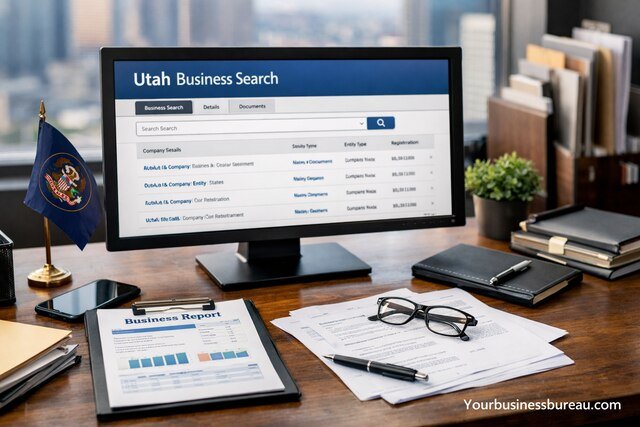 Utah business search results displayed on a computer screen in an office workspace