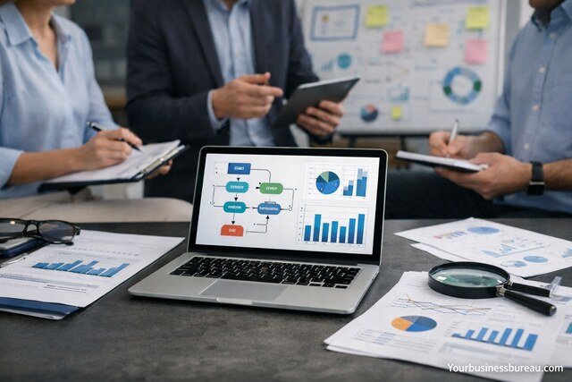 Business team analyzing workflows and operational data during business process analysis