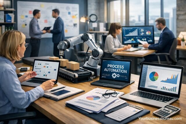 Business team improving workflow efficiency with automation and data analytics