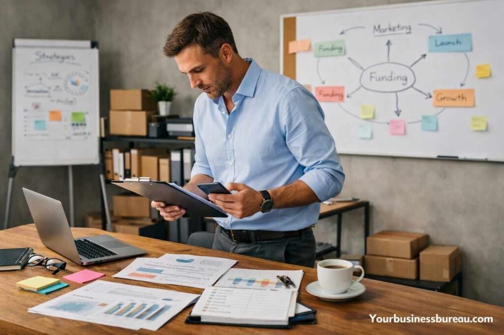 Entrepreneur reviewing documents after creating a business plan