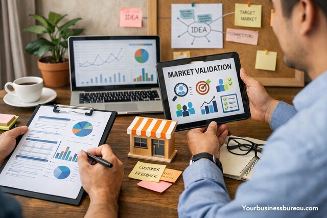 Entrepreneurs reviewing business plan and validating startup idea with market data