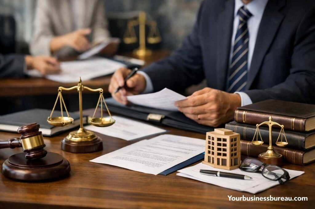 Business litigation attorney reviewing commercial legal documents with scales of justice and gavel.