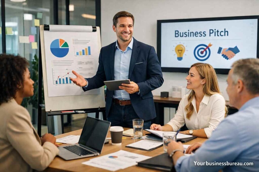 Entrepreneur presenting a business pitch to investors in a meeting