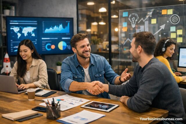 Startup team planning online business growth strategy with analytics dashboard