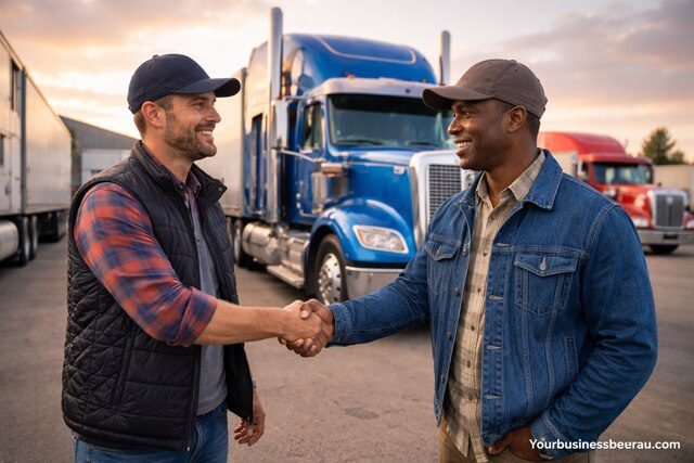 Truck drivers shaking hands beside semi-truck representing Triumph Business Capital partnership