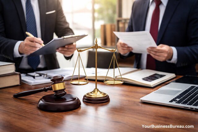 Business litigation lawyers reviewing legal documents with justice scale