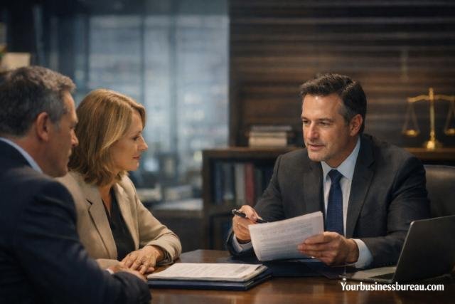 Business litigation attorney consulting with company executives over legal documents in an office.