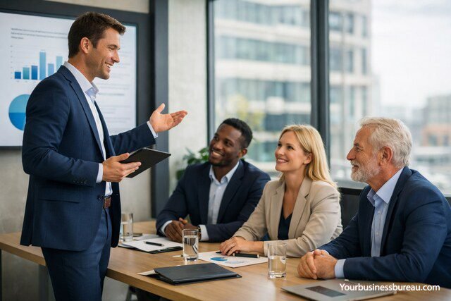 Business professional presenting a confident pitch to investors in a meeting room