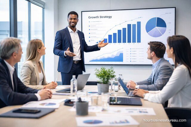 Business presentation pitching startup growth strategy to investors