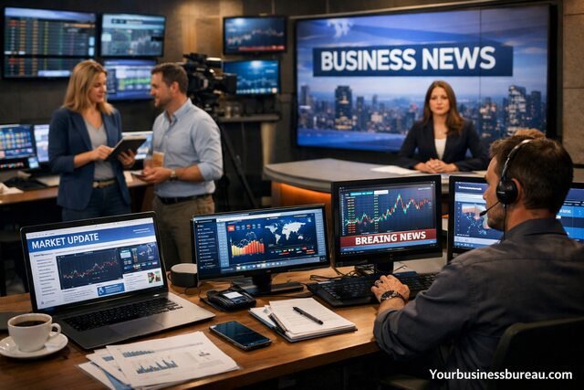 Business newsroom analyzing financial data and market updates