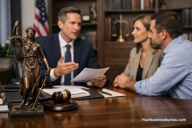 Business owner consulting a lawyer about legal representation and corporate protection