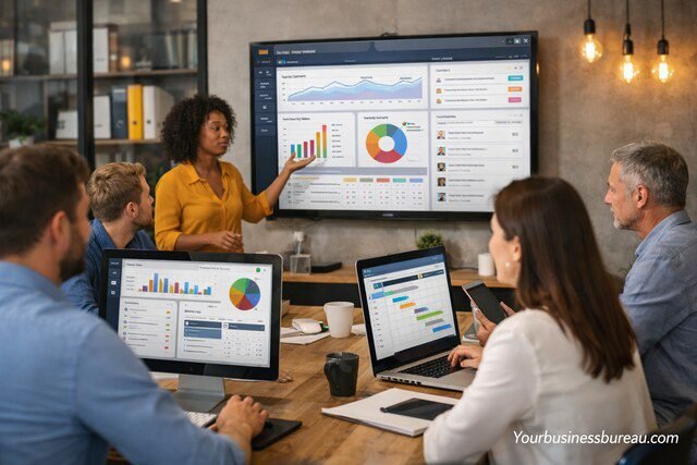 Business team using digital management software dashboard