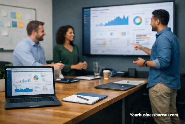 Team analyzing business analytics dashboard using Gonzay business software.